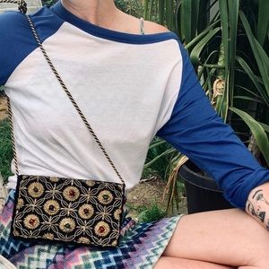 Vintage Zari Handbag Gold/black Beaded On Velvet